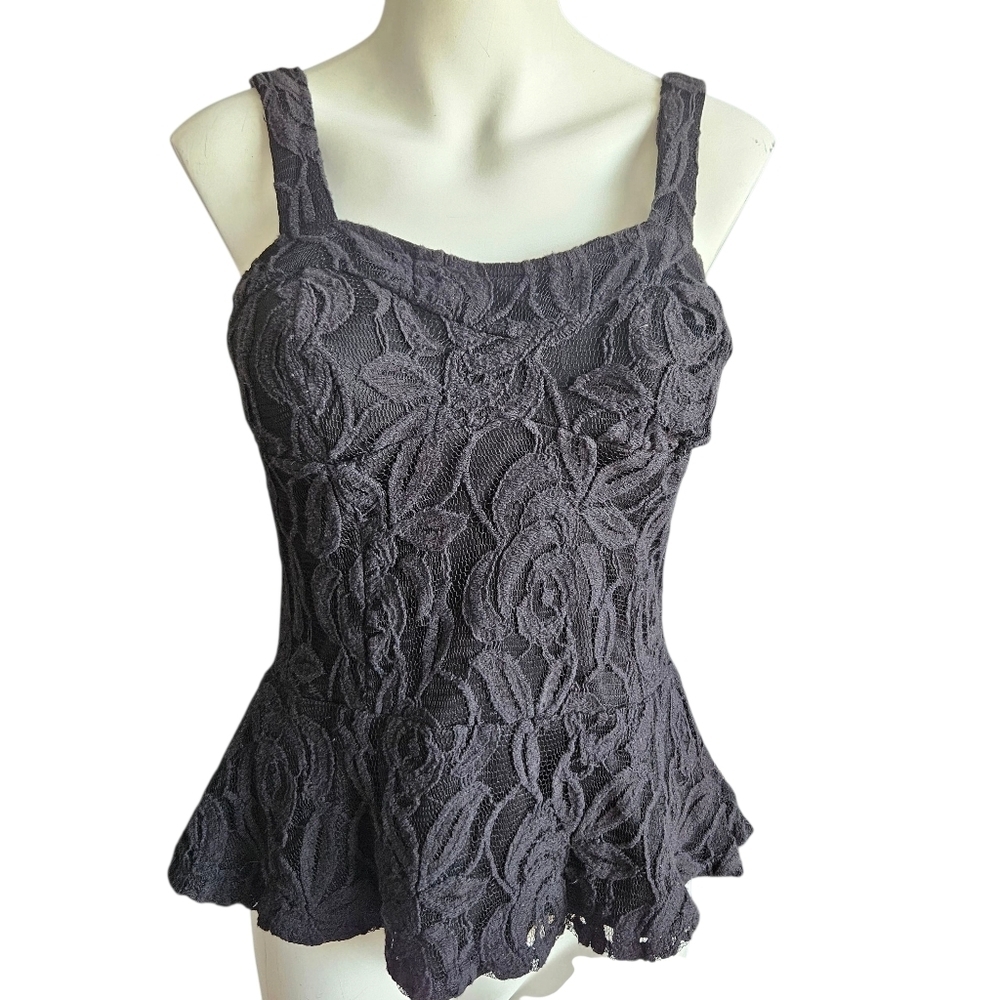 A. Byer Black Floral Lace Tank Peplum Top Sz Lg Goth Dark Romantic Coquette